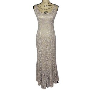 Carmen Marc Valvo Evening Dress Gown Lace Knit Mermaid Maxi Beige Tan Women's 4